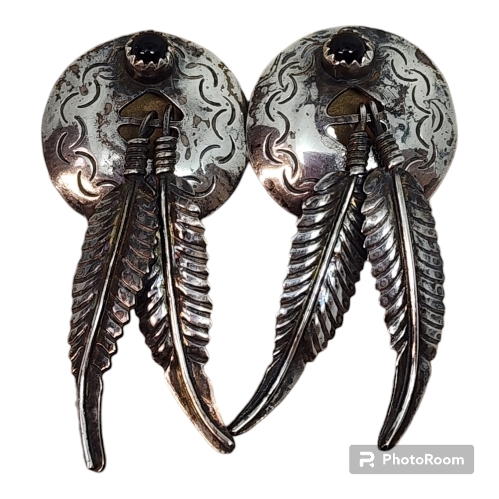 Vintage Navajo Sterling Silver LONG Black Onyx Feather Dangle Earrings Southwest